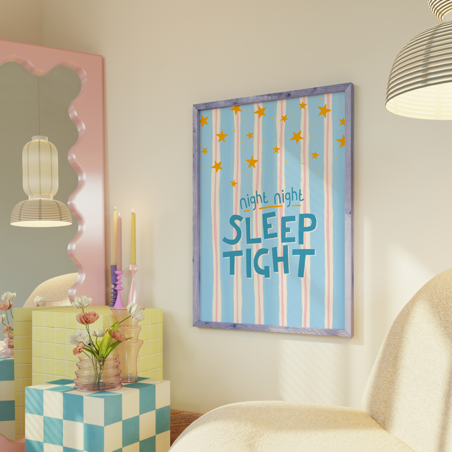 Children's room with a 'night night SLEEP TIGHT' poster on the wall.