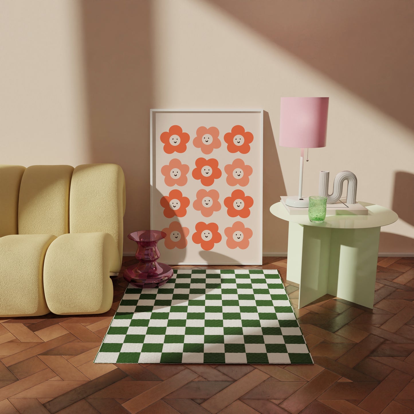 An illustration twelve orange smiling flowers, in two tonal shades on a beige background.