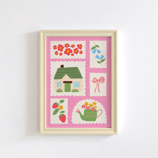 Several cute cottagecore elements drawn as postage stamps on a bright pink background.