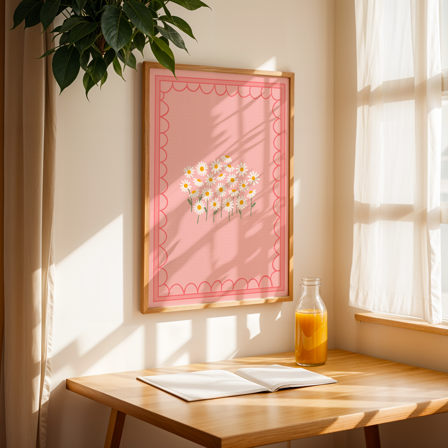 A pink print with an illustration of a bunch of white daisies on, with a scalloped pink border.