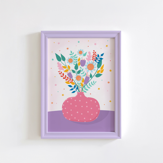 A pink vase with multi coloured flowers in, on a pale pink and purple background.