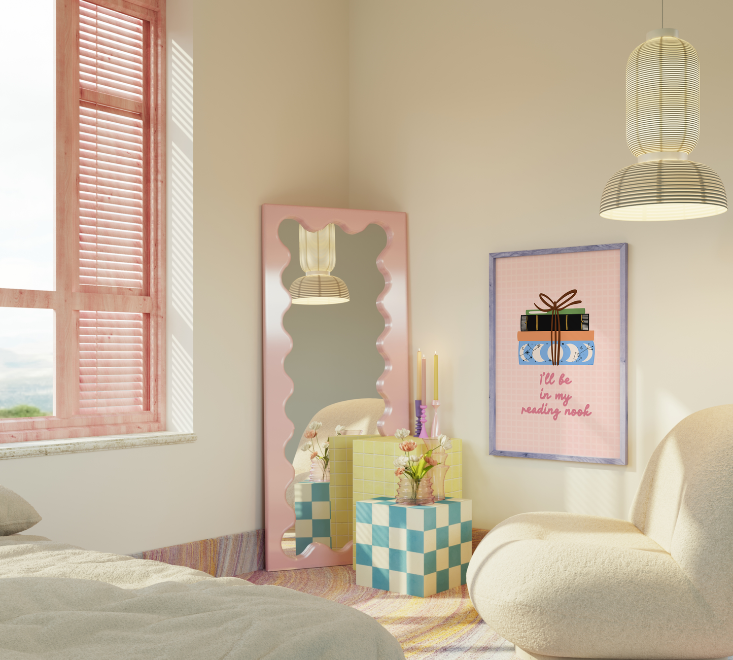 A cute pink print, featuring an illustration of a pack of books, and the quote 'I'll be in my reading nook' underneath.