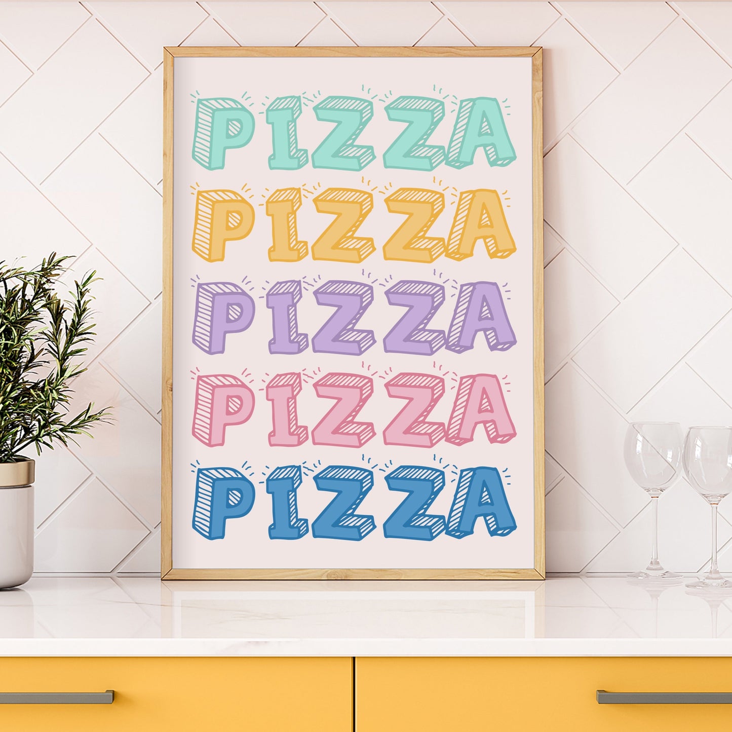 A print with the word pizza, repeated five times in different colourful shades.
