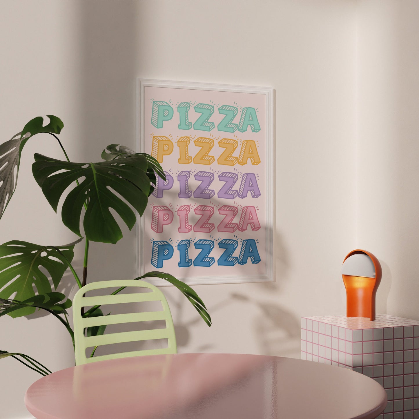 A print with the word pizza, repeated five times in different colourful shades.