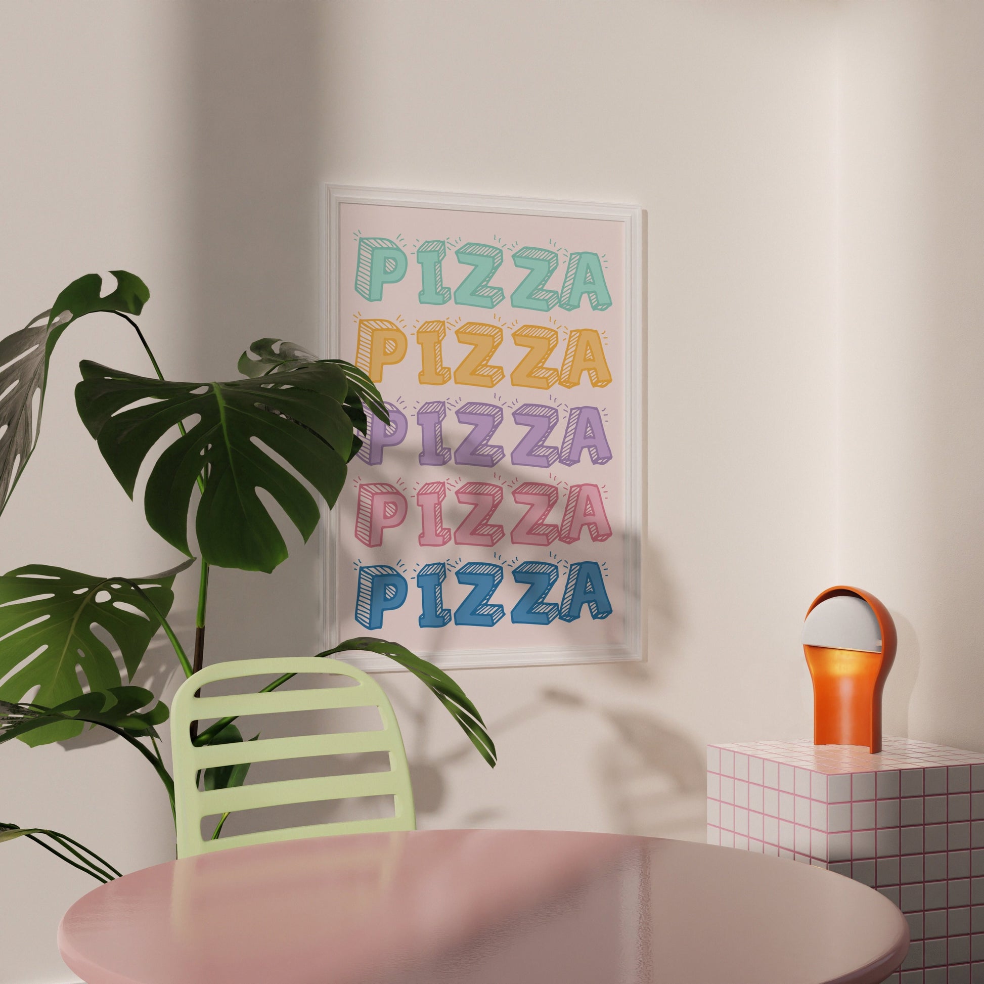 A print with the word pizza, repeated five times in different colourful shades.