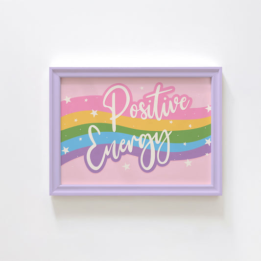 A bright print, with a pink, yellow, green blue and purple wave across the centre and the words 'positive energy' hand written in white across the top.