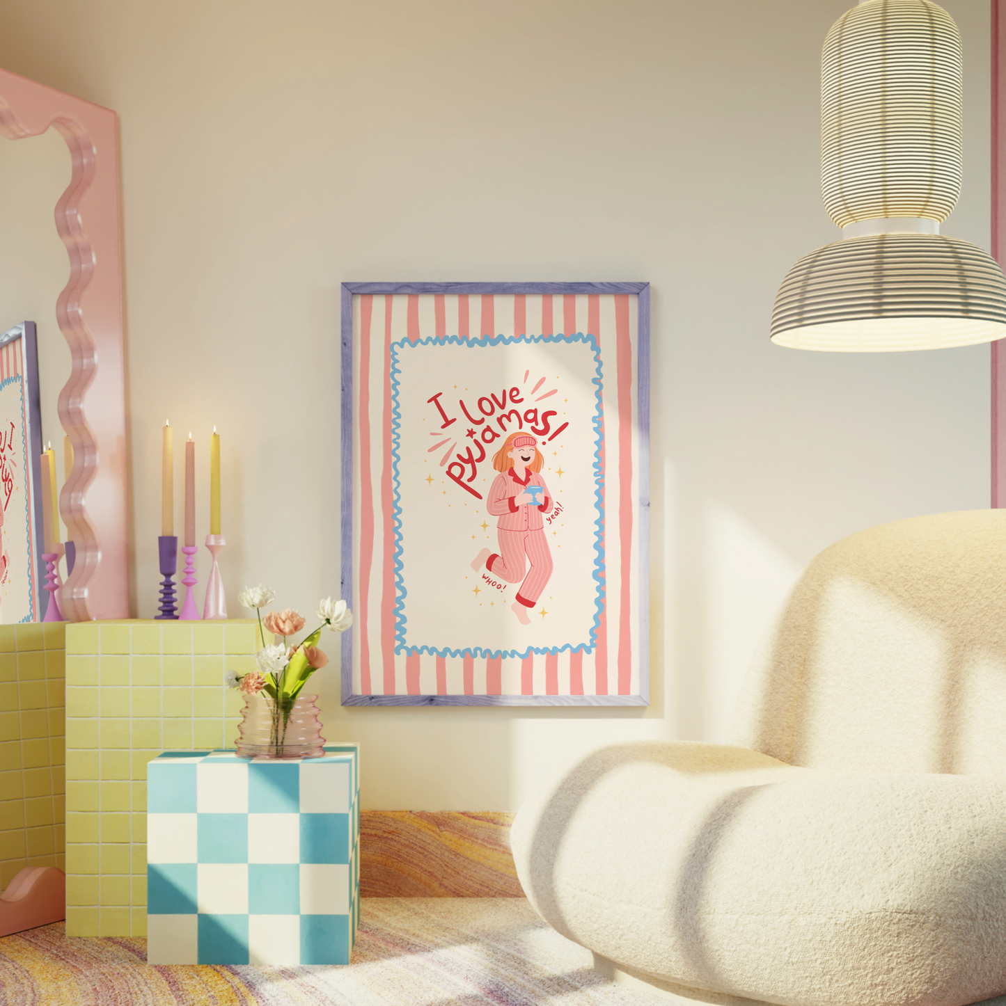 Decorative room with a pink mirror, framed artwork, and a white armchair.
