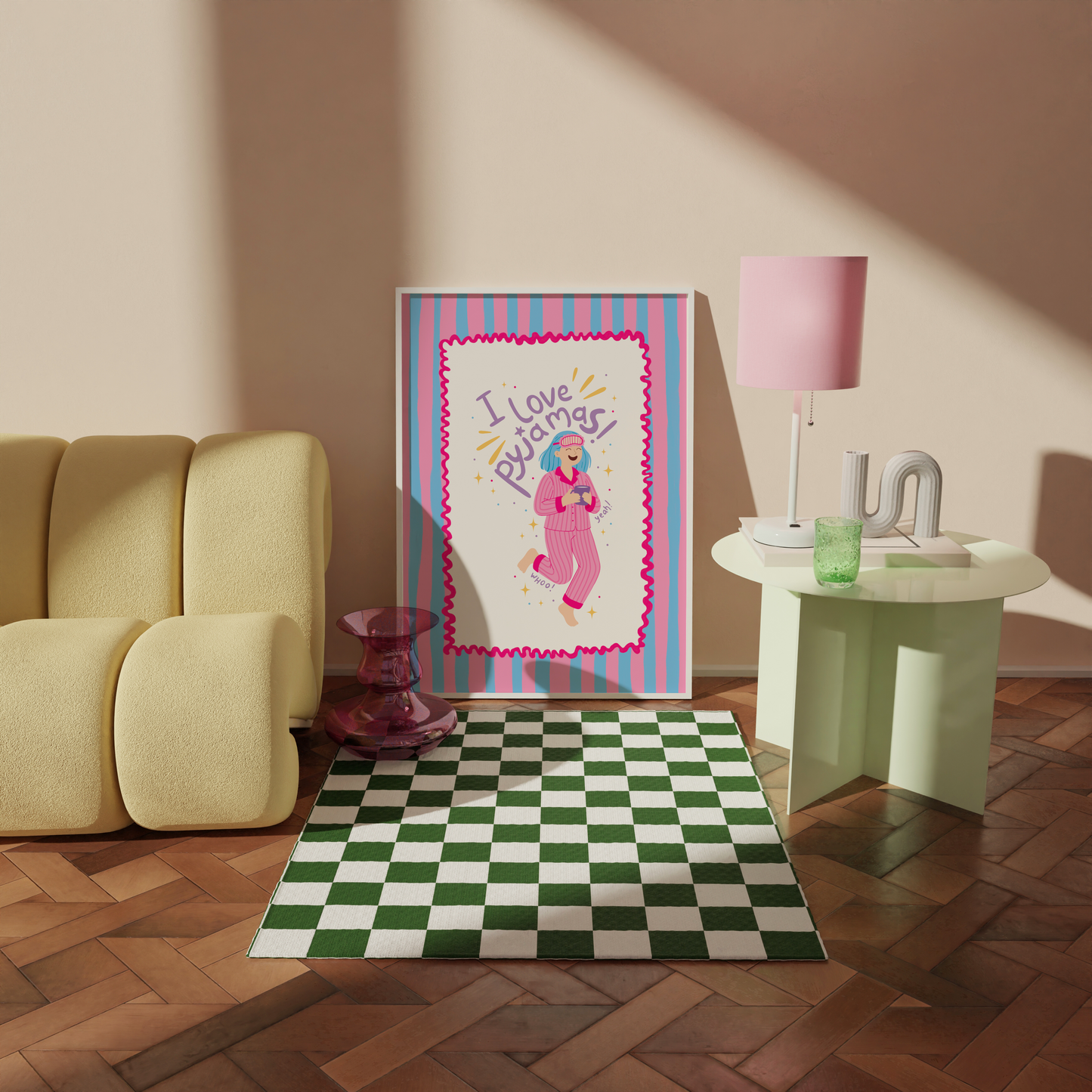 Living room with a checkered rug, yellow sofa, and a framed picture on the wall.