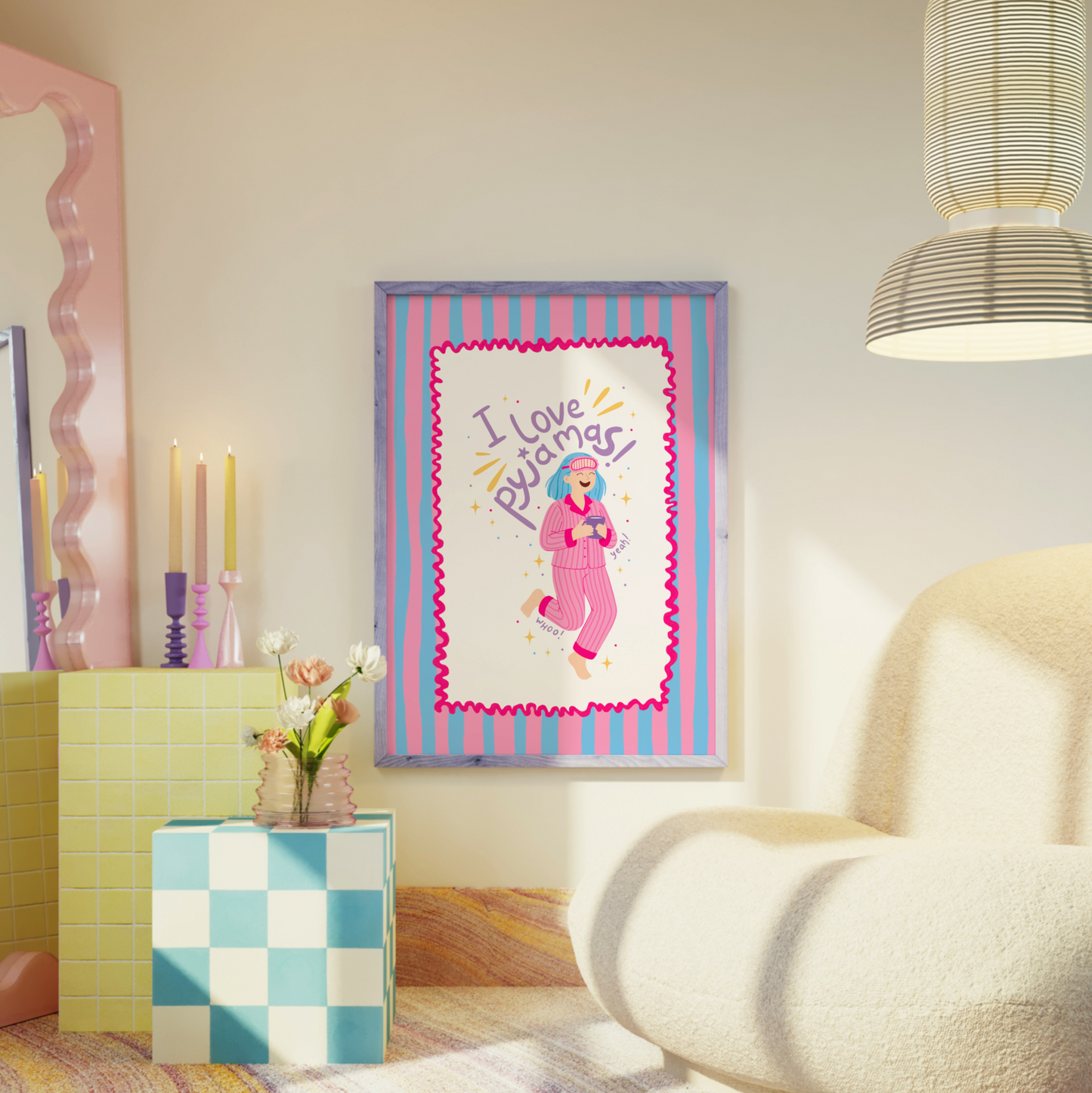 Colourful room with a chair, mirror, and framed picture on a wall.