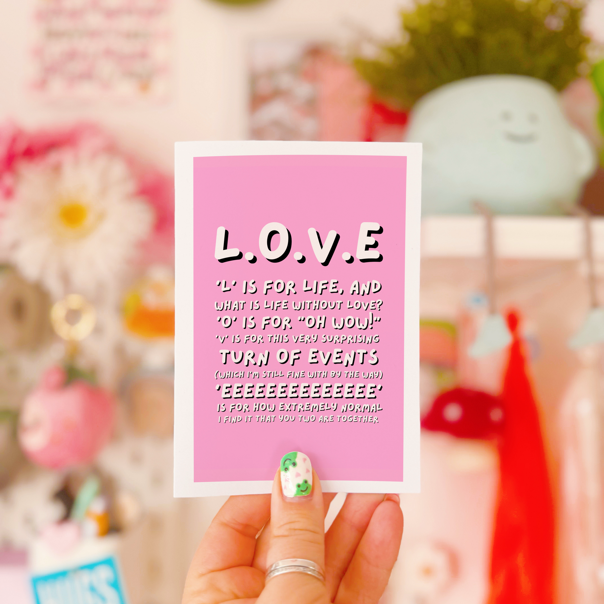 A pink greetings card, perfect for engagements or weddings, with a quote said by Ross Gellar in friends.