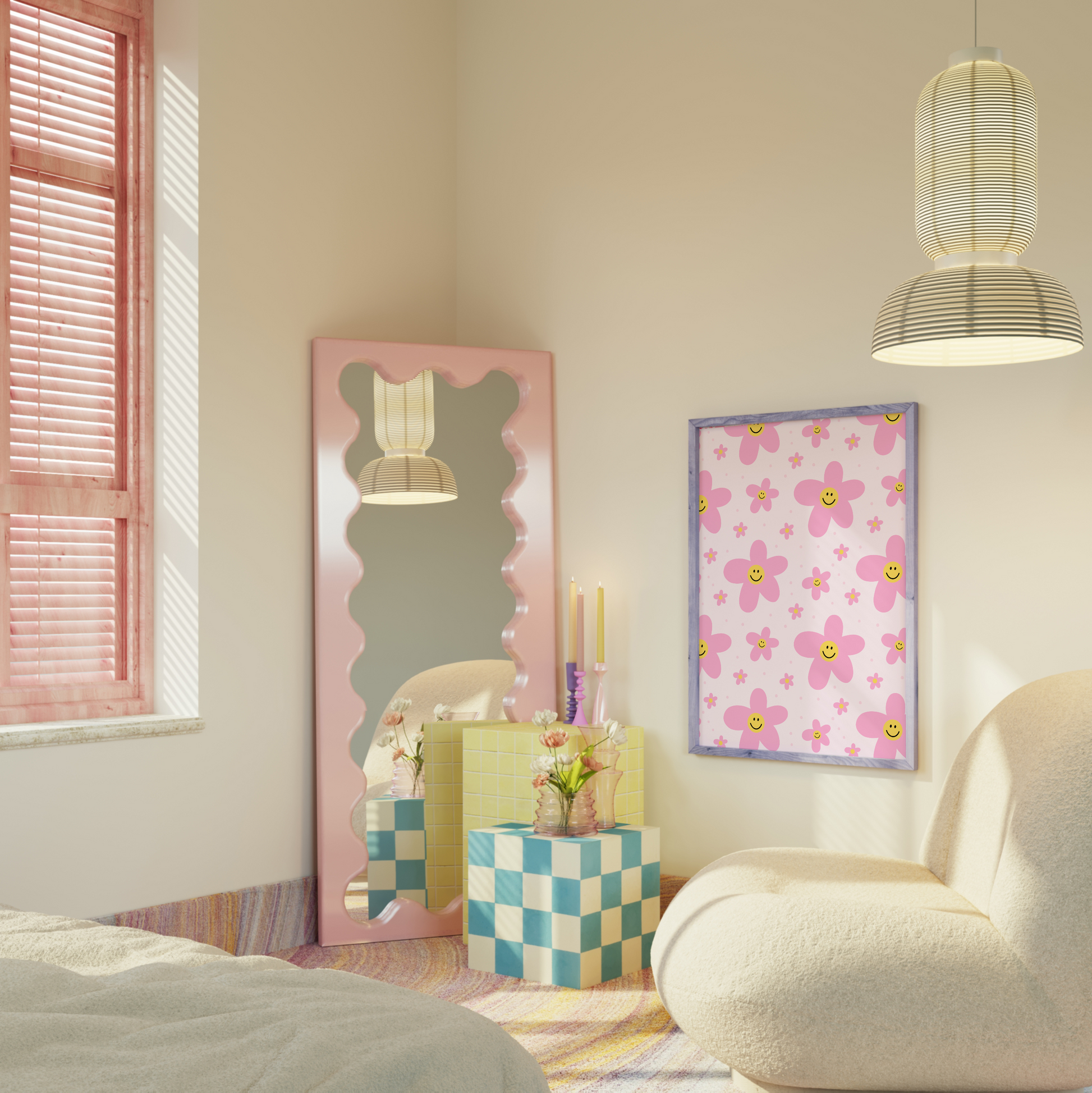 A bright pink print showing cute illustrations of smiling flowers.