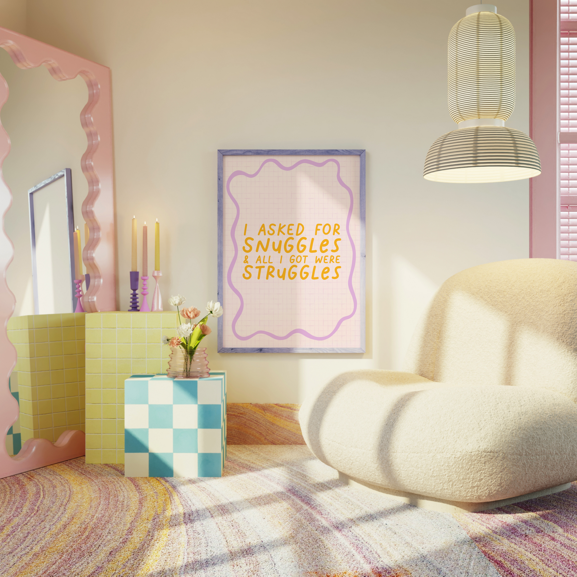 A cute quote print, saying I asked for snuggles, and all I got were struggles on a pale pink background with a purple squiggly border.