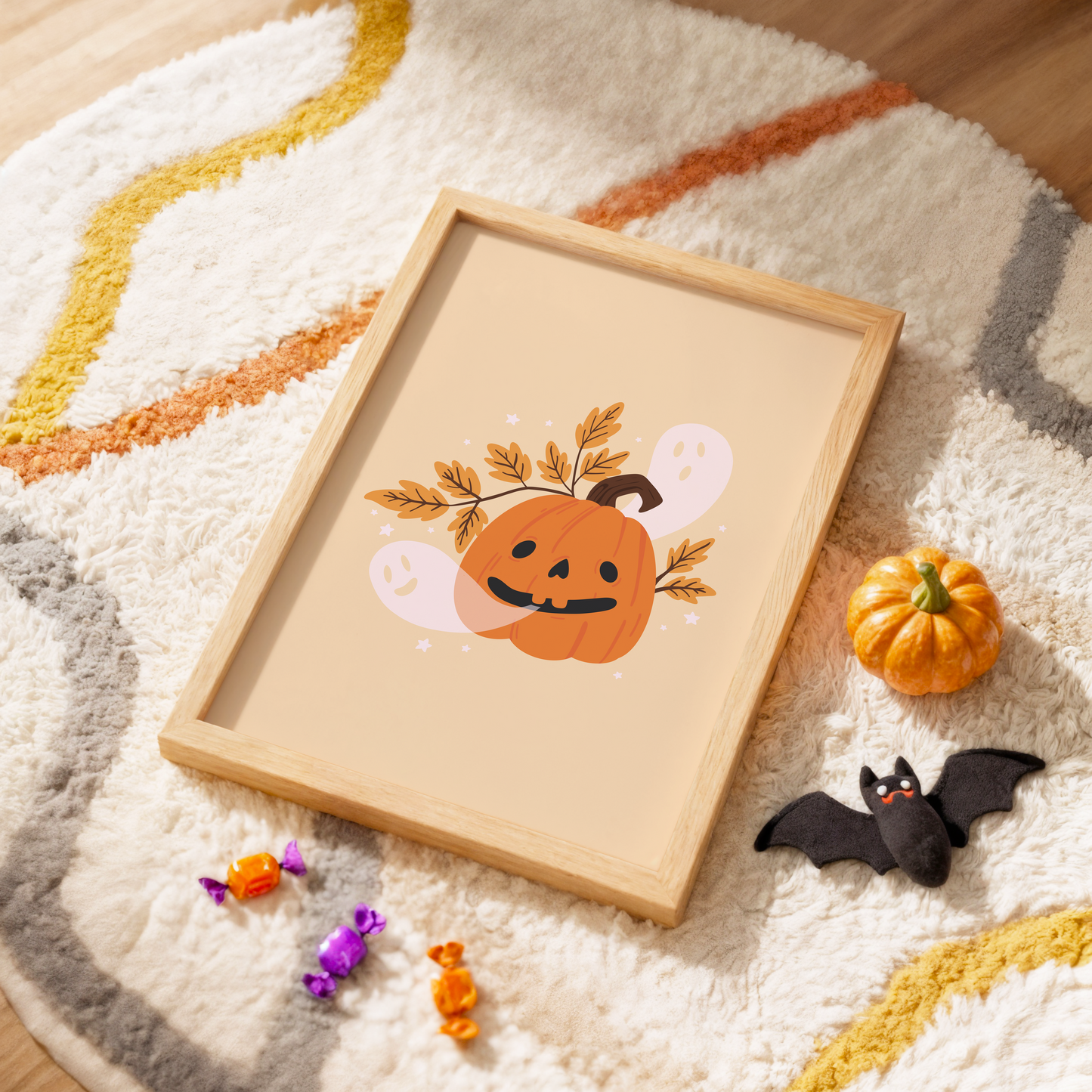 A warm toned print with an illustration of a dorky looking Halloween pumpkin. Come out of the pumpkin's mouth are ghosts.