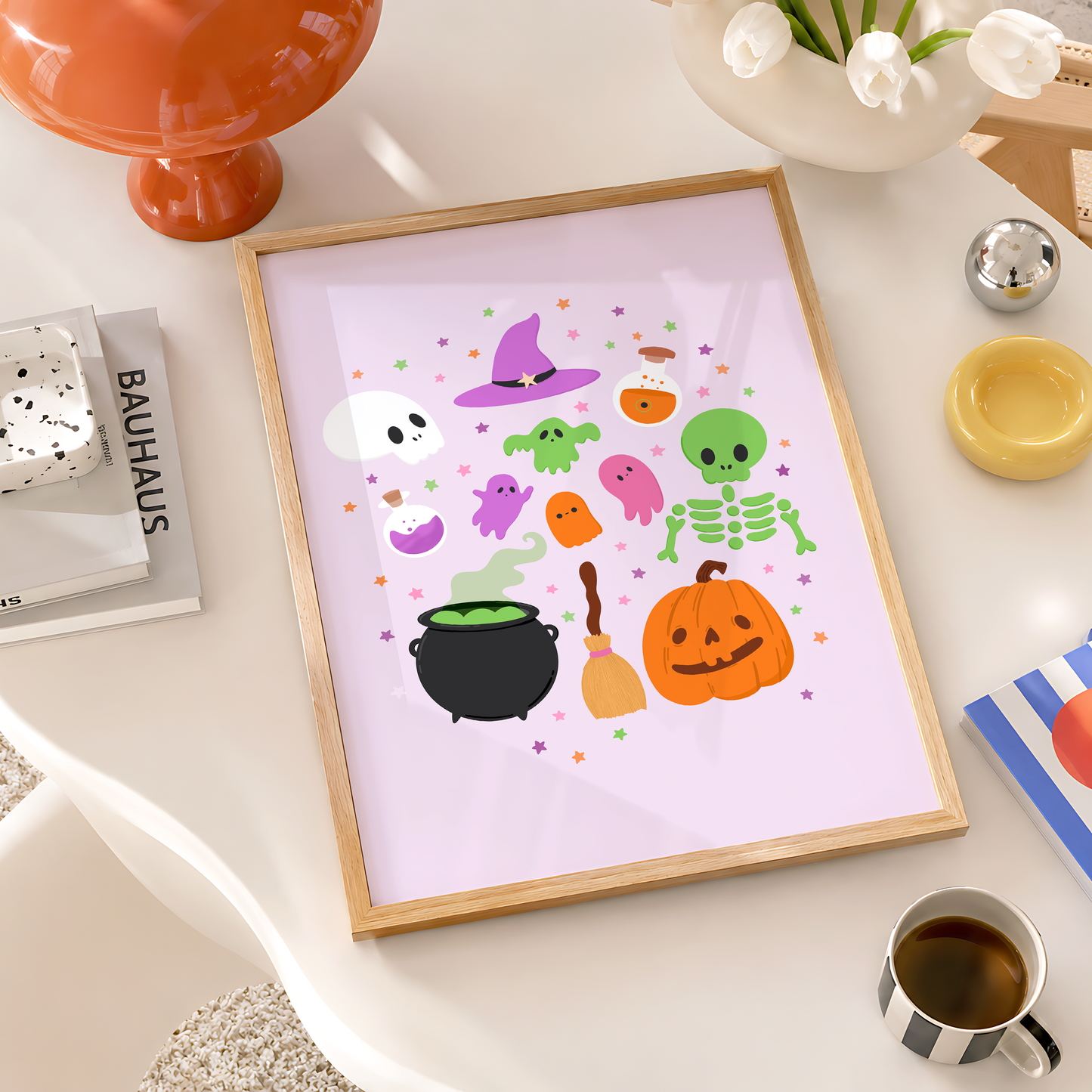 A Halloween illustration print on a light purple background, featuring lots of little Halloween themed doodles from pumpkins to skeletons and cauldrons to ghosts.
