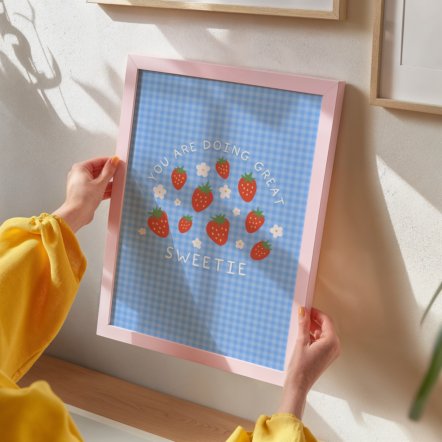 You Are Doing Great Sweetie Print - Blue Gingham Strawberry Wall Art