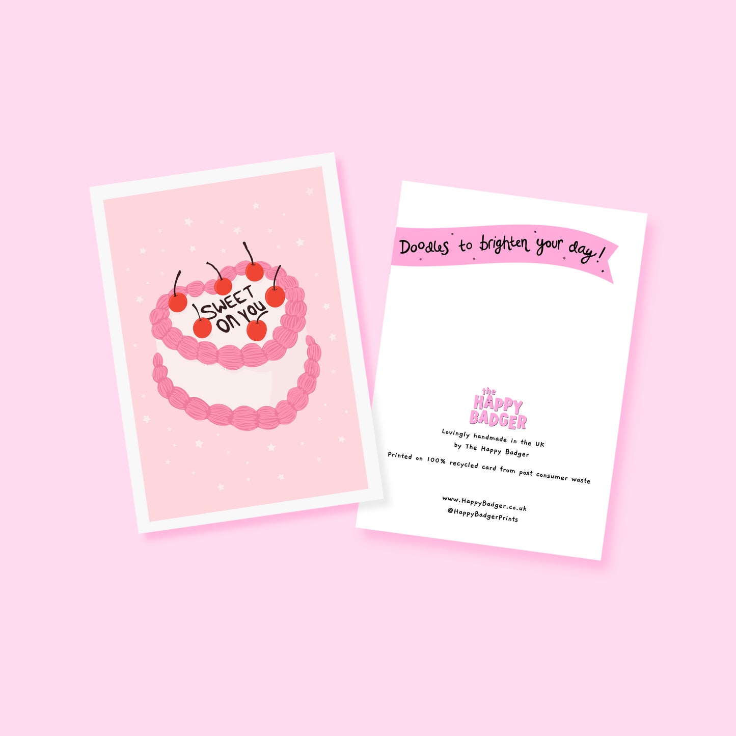 A card with a pink and white cake, saying 'Sweet on you' on the top.