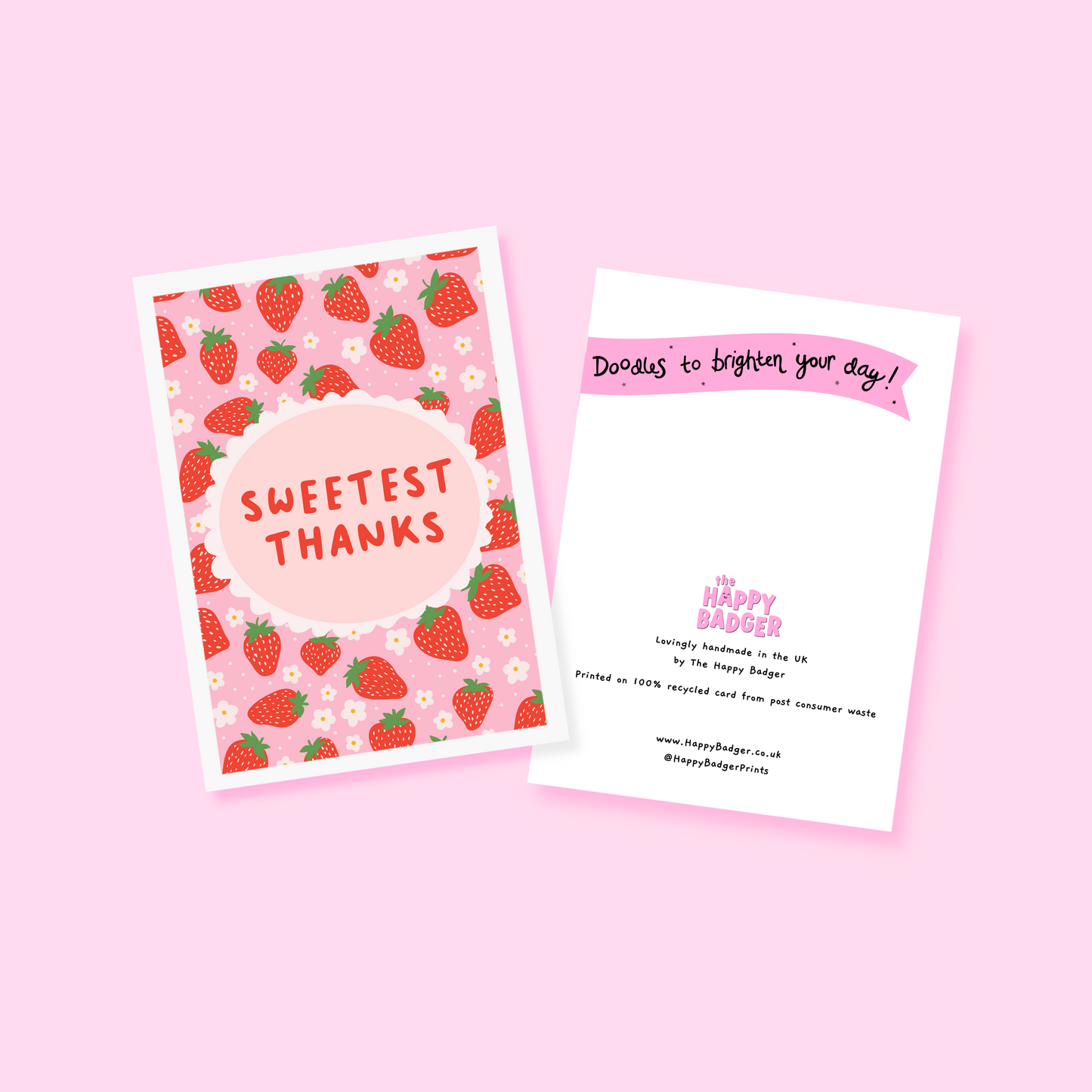 A thank you card with a strawberry pattern, and a small oval in the centre with the text 'Sweetest Thanks' in the centre.