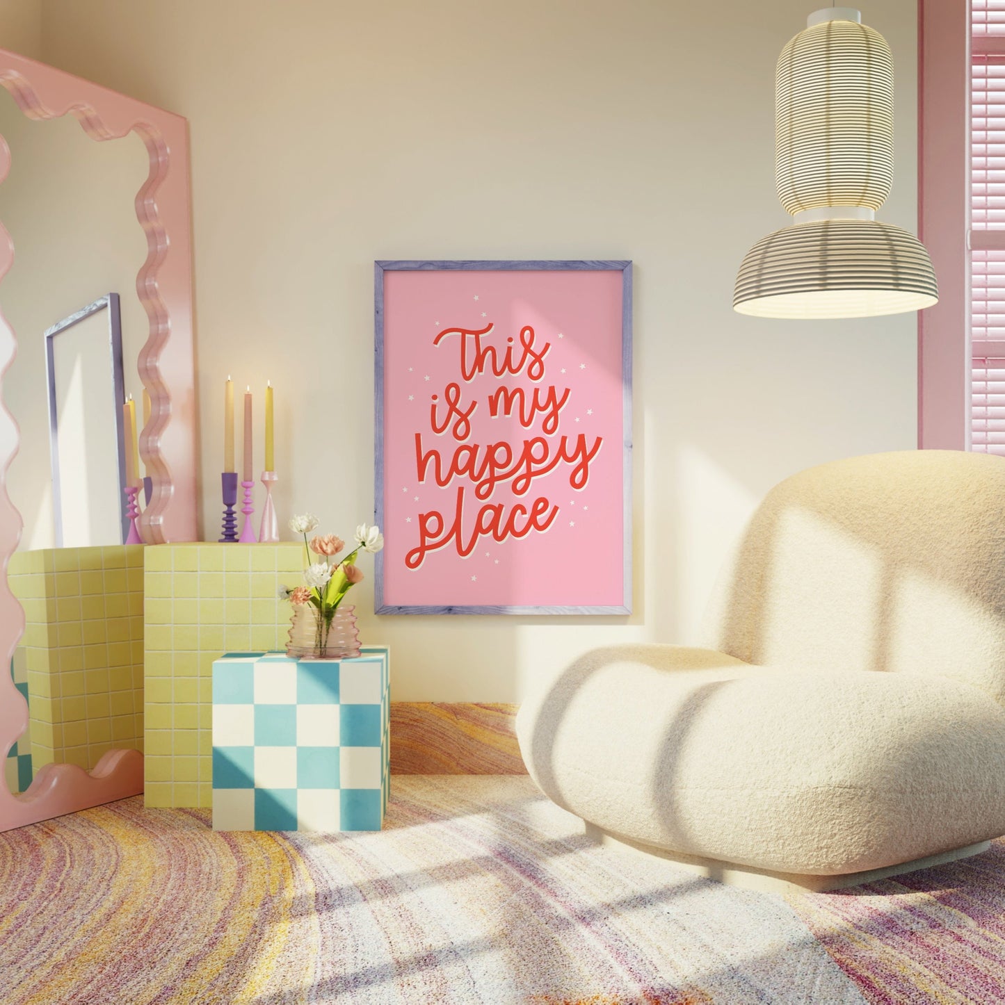 A bright pink print showing fun quote in red text saying this is my happy place.