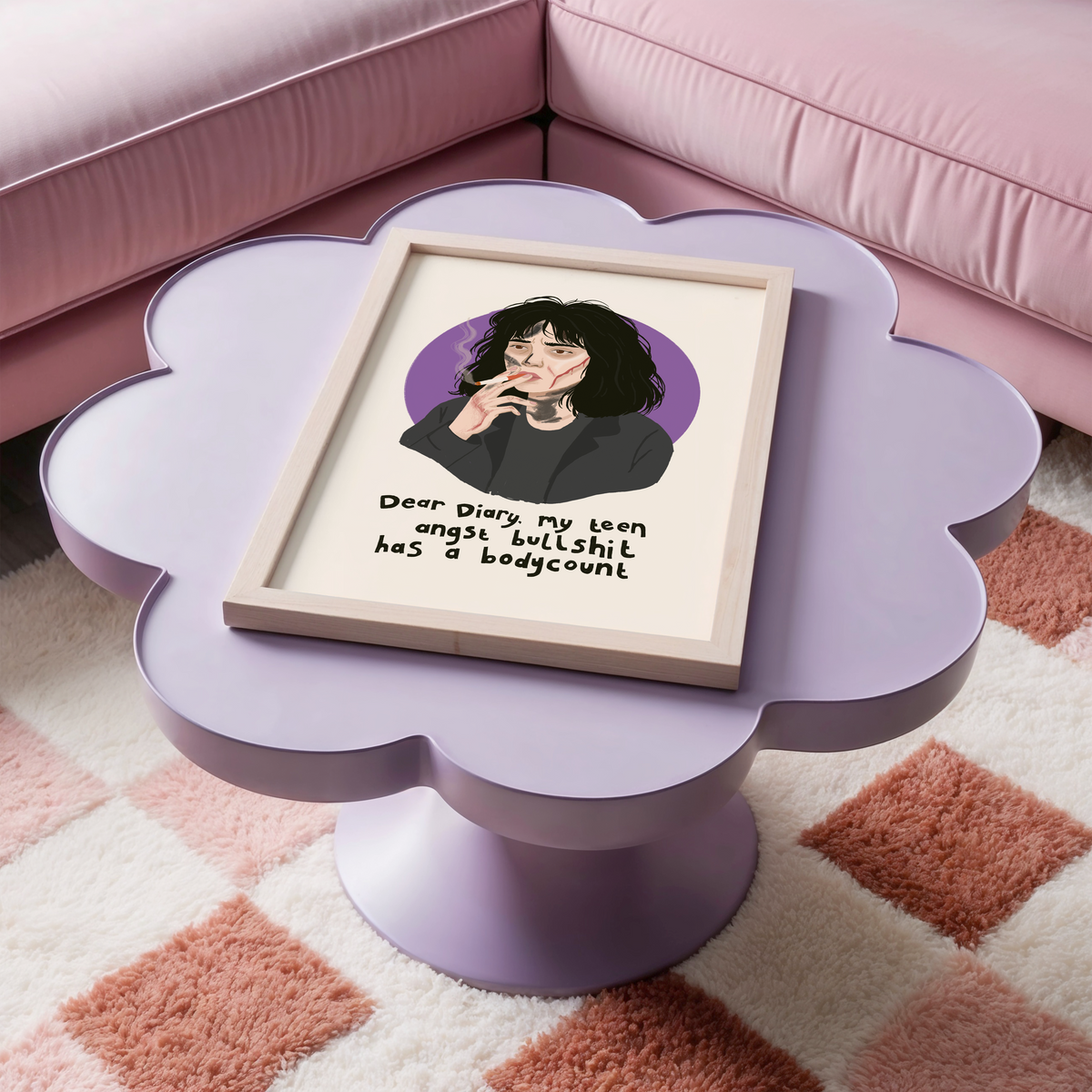 An illustrated art print featuring Veronica from the film Heathers, with the quote 'Dear Diary, my teen angst bullshit has a bodycount'.