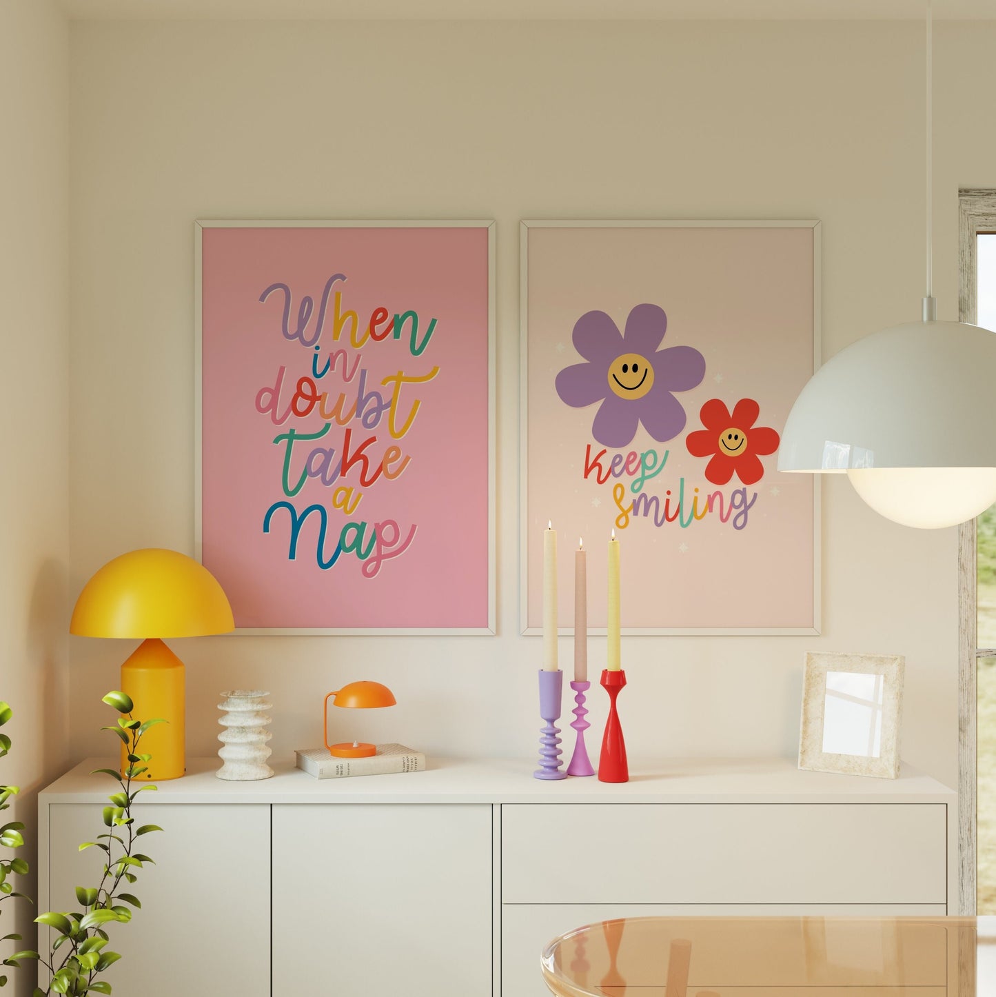 A fun quote print with text saying when in doubt take a nap, on a pink background.