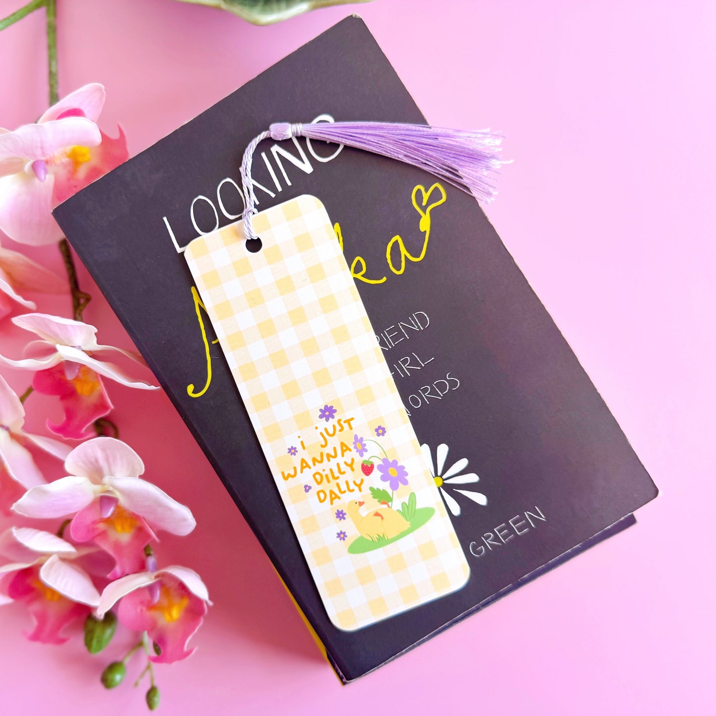 I Just Wanna Dilly Dally Bookmark - Yellow Gingham Pattern Bookmark with Co-Ordinating Tassel