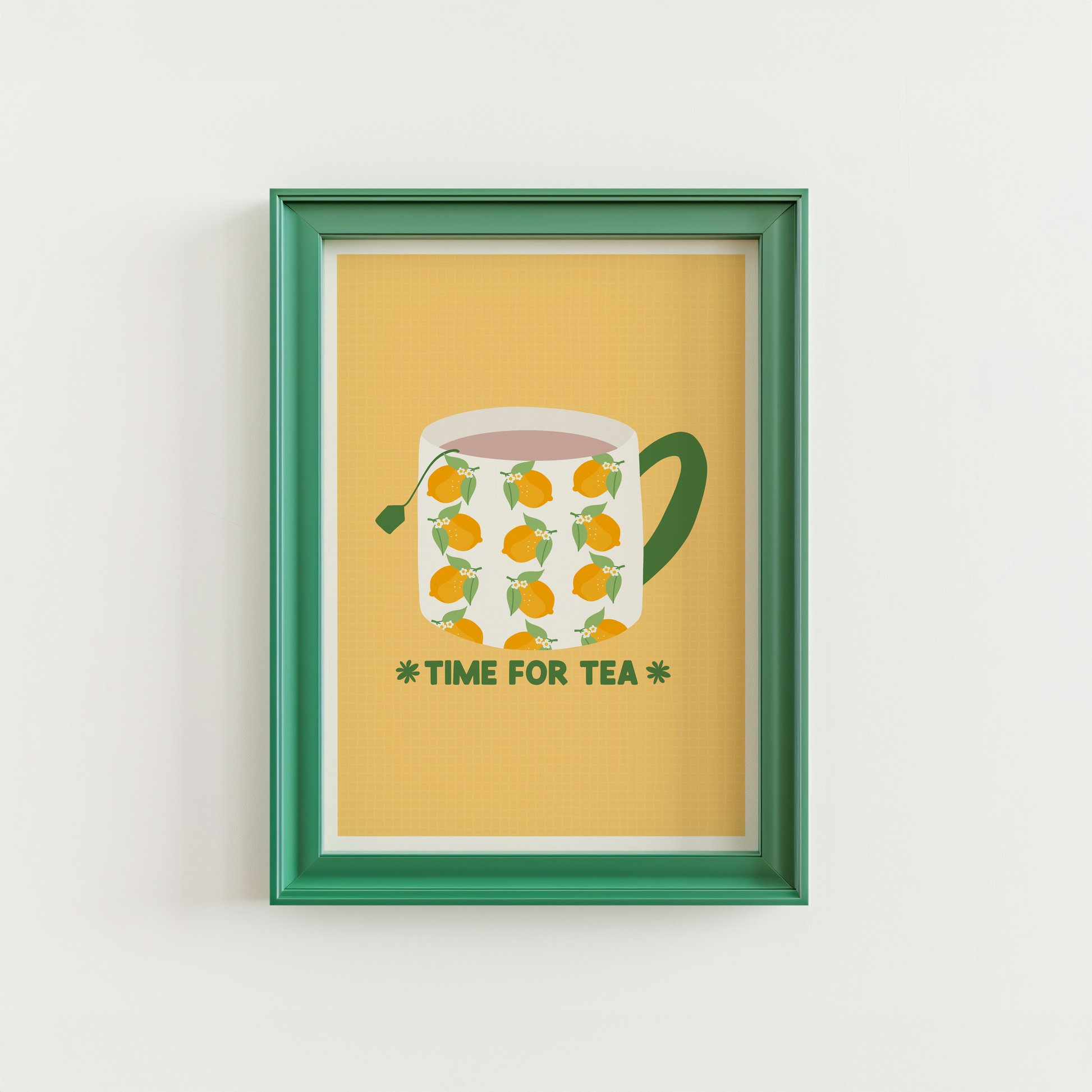 A yellow print, with an illustration of a mug filled with tea. The mug has a lemon pattern on it and a green handle. Underneath the mug are the words 'time for tea', written in green text.