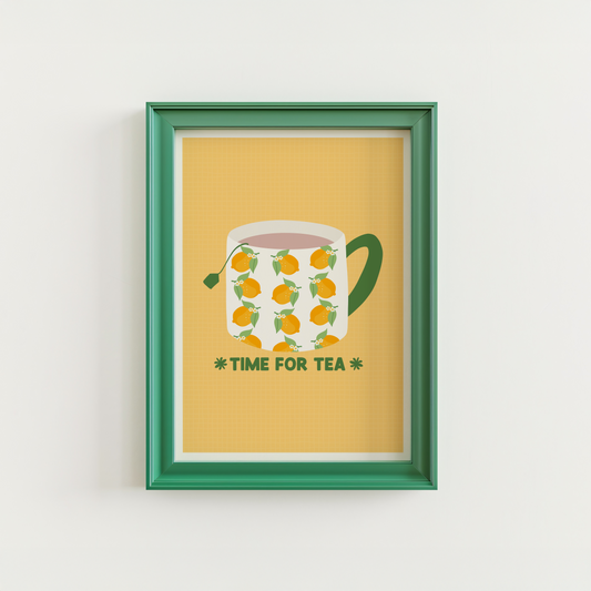 A yellow print, with an illustration of a mug filled with tea. The mug has a lemon pattern on it and a green handle. Underneath the mug are the words 'time for tea', written in green text.
