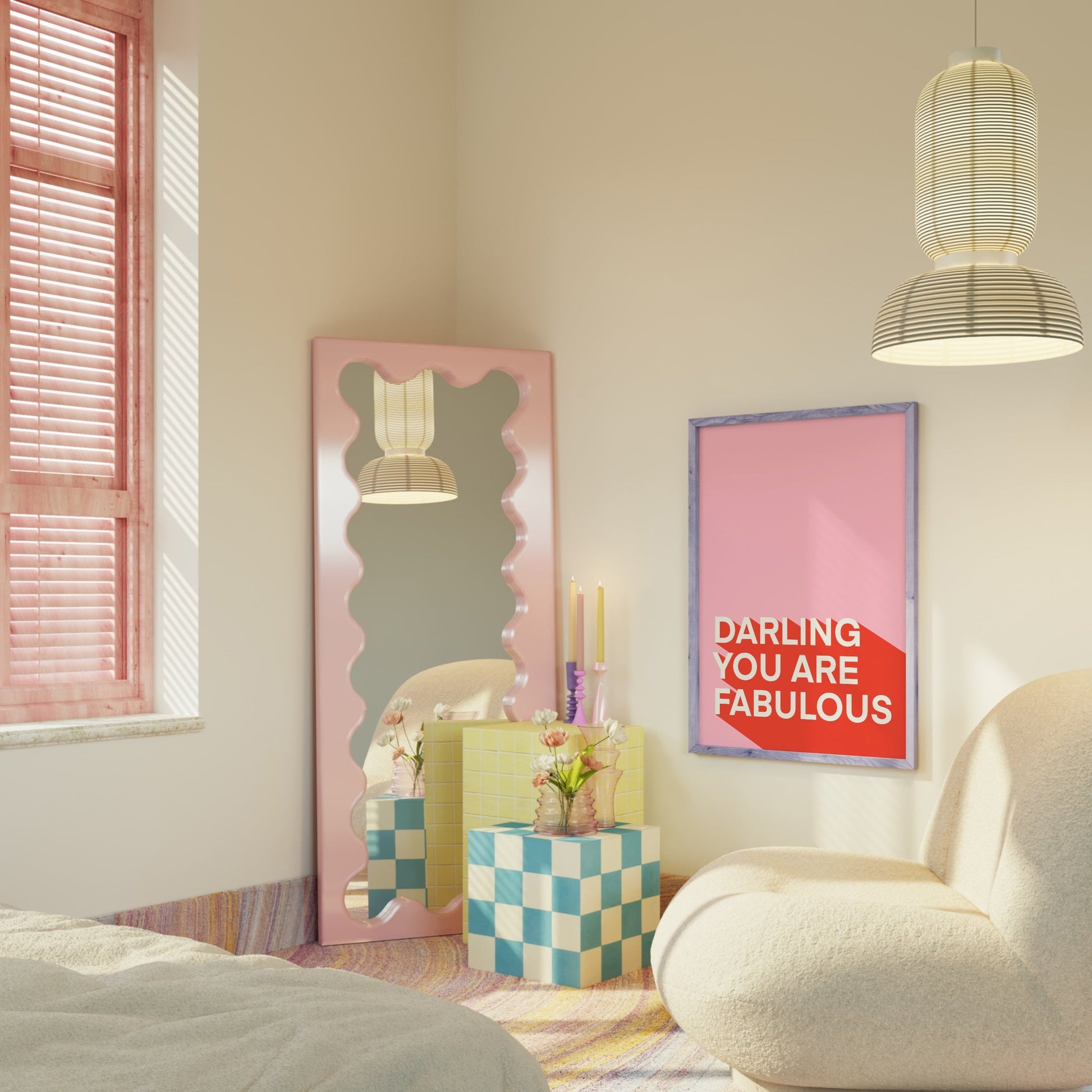 A bright pink print showing with contrasting red and white text saying darling you are fabulous.