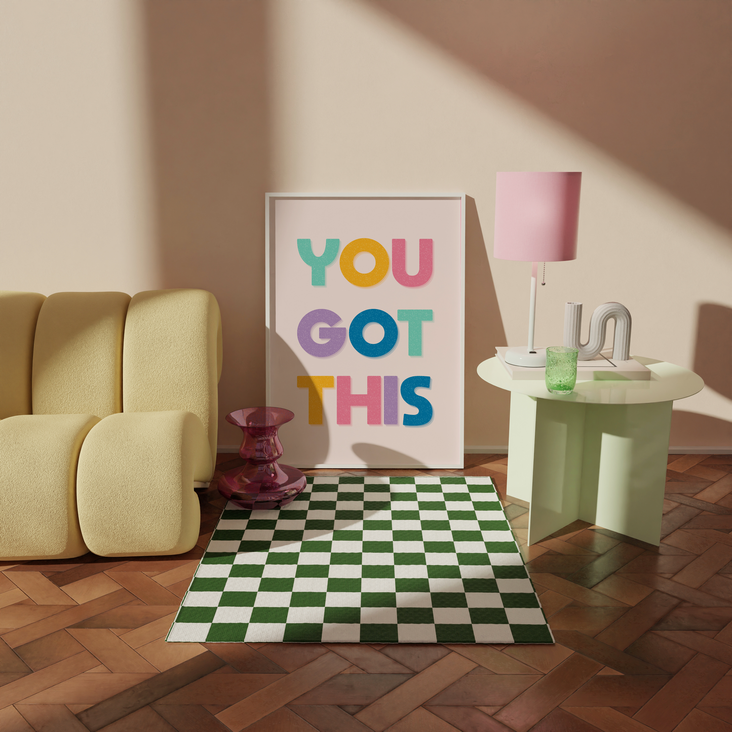 A motivational print with multicoloured lettering, saying You Got This.
