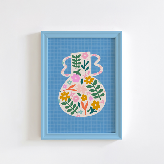 Floral Vase Print - Colourful Blue Home Decor