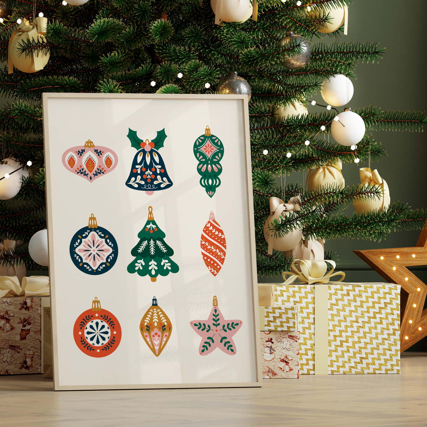 Christmas Baubles Print - Festive Illustration Art