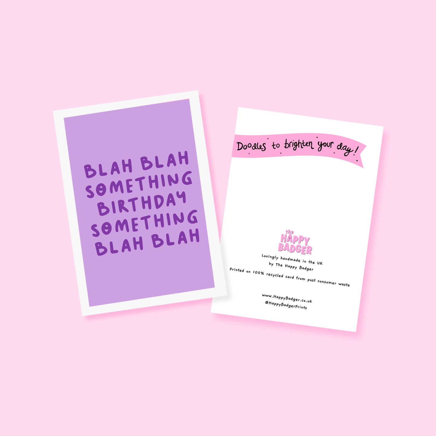 A birthday card, in purple, saying blah blah something birthday something blah blah