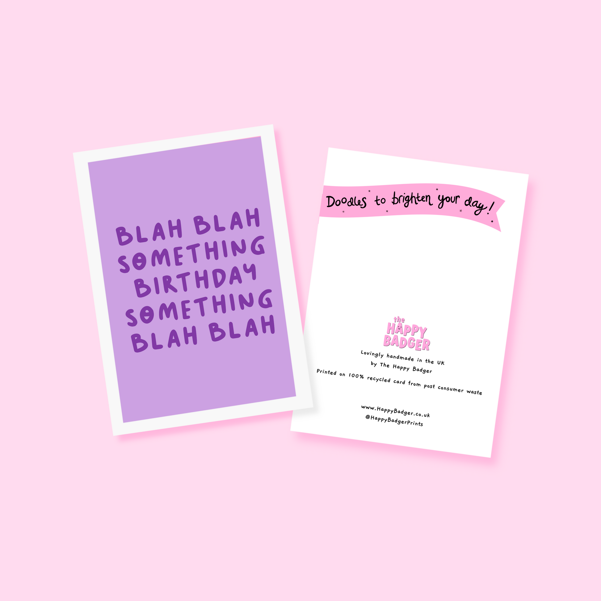 A birthday card, in purple, saying blah blah something birthday something blah blah