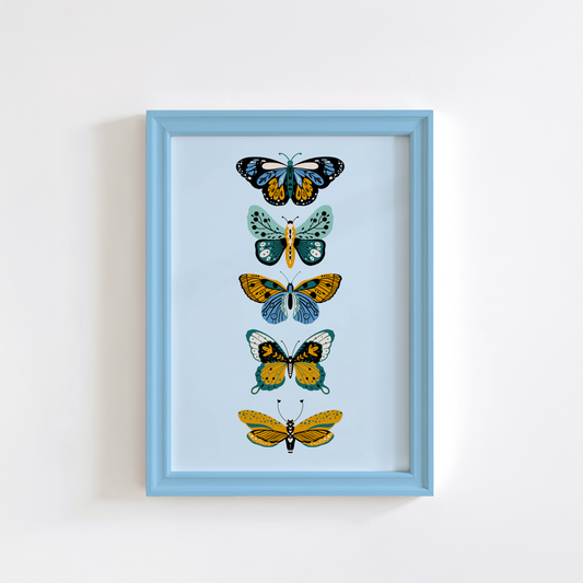Five Butterflies Print - Insect Illustration Art