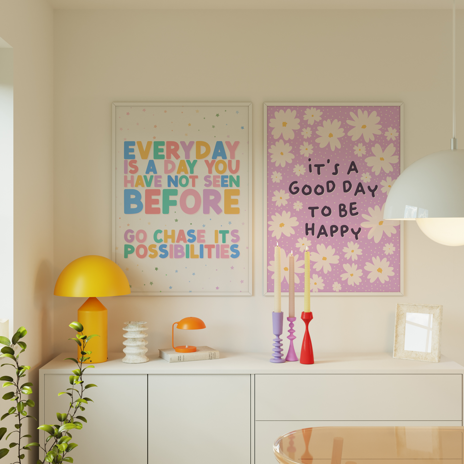 A purple print, with the message 'it's a good day to be happy' surrounded by white daisies.