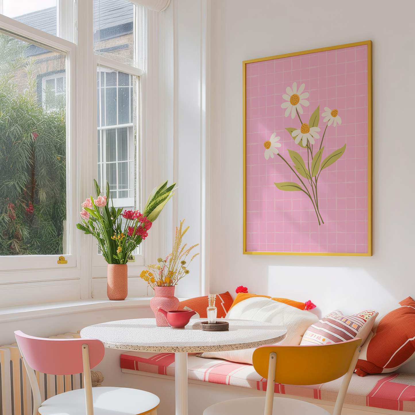 Dining area with round table, colorful chairs, and a pink floral painting on the wall.