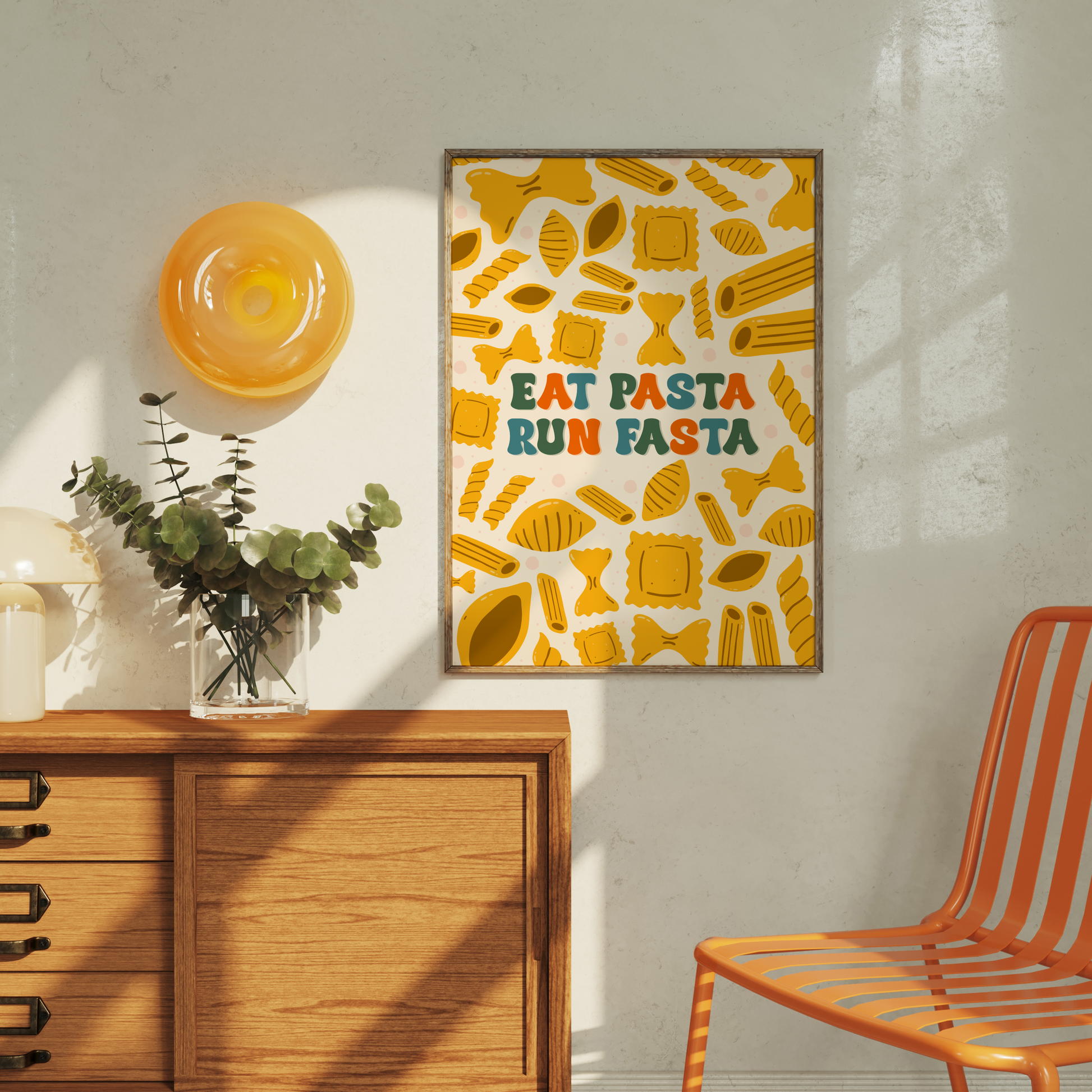 A pasta lovers print, with different shapes of pasta repeating all over the background, and the words eat pasta run fasta in the middle.