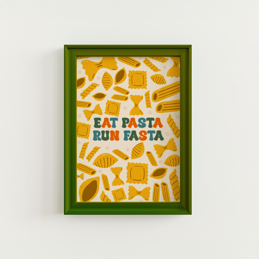 A pasta lovers print, with different shapes of pasta repeating all over the background, and the words eat pasta run fasta in the middle.