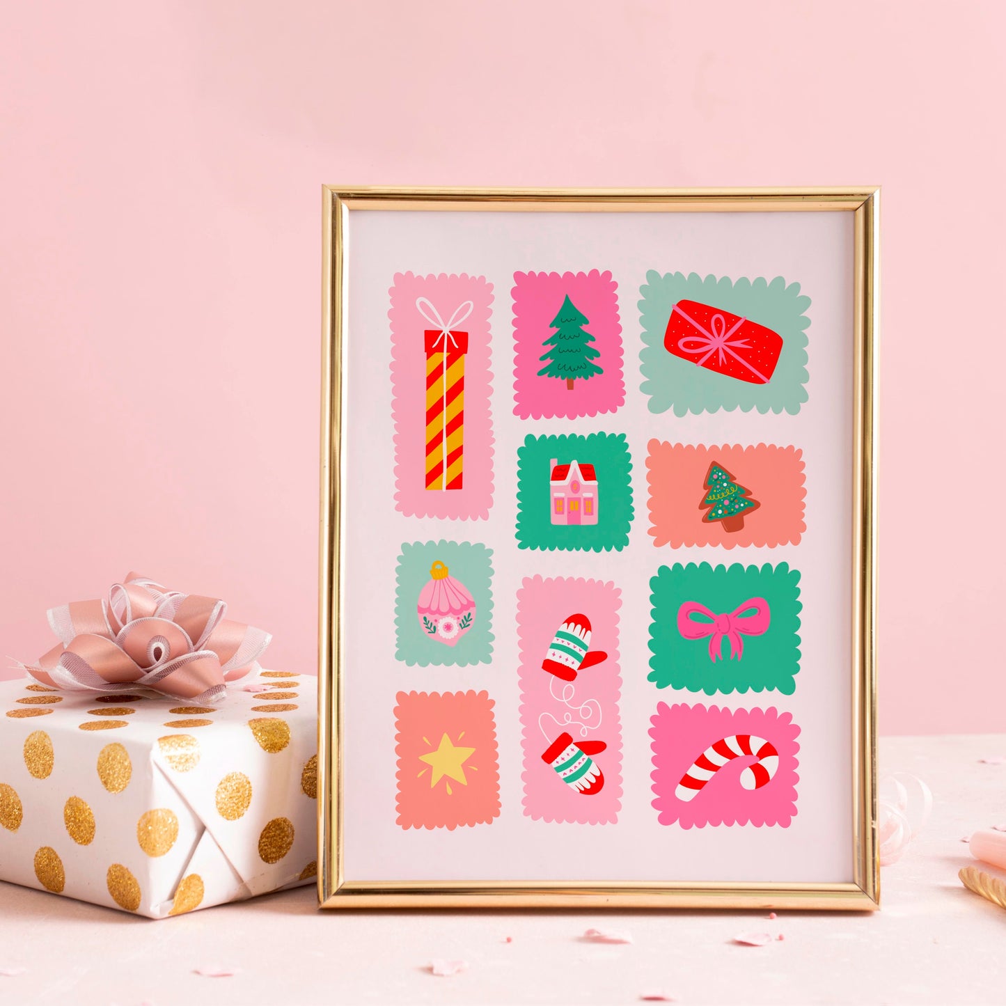 Christmas Stamps Print - Pastel Coloured Festive Art