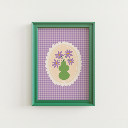 Floral Vase Print - Purple Gingham Wall Decor