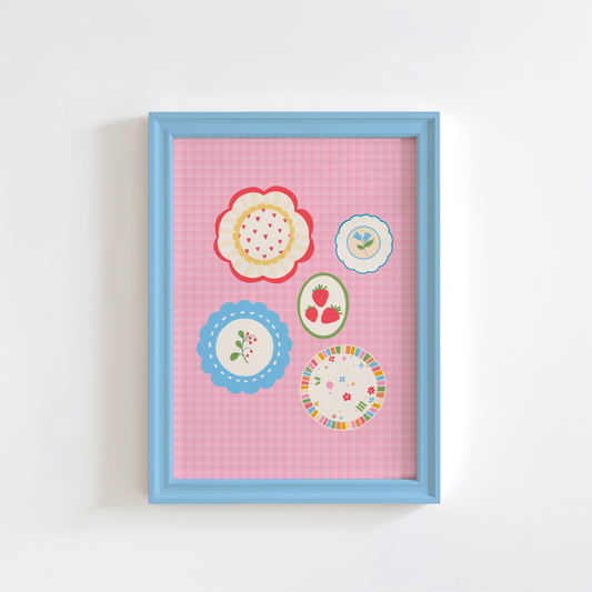 Gingham Plate Print - Pink Cottagecore Wall Decor