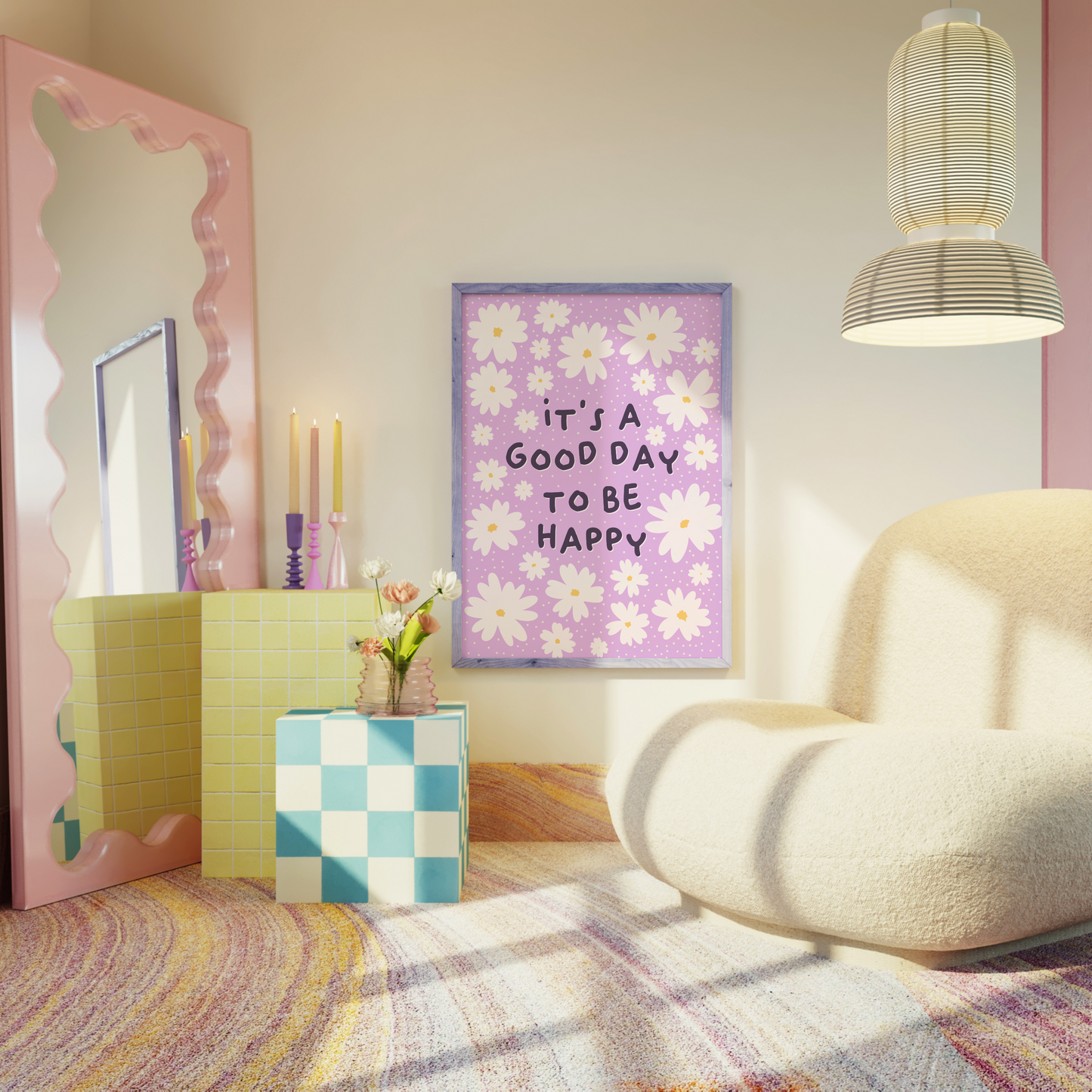 A purple print, with the message 'it's a good day to be happy' surrounded by white daisies.