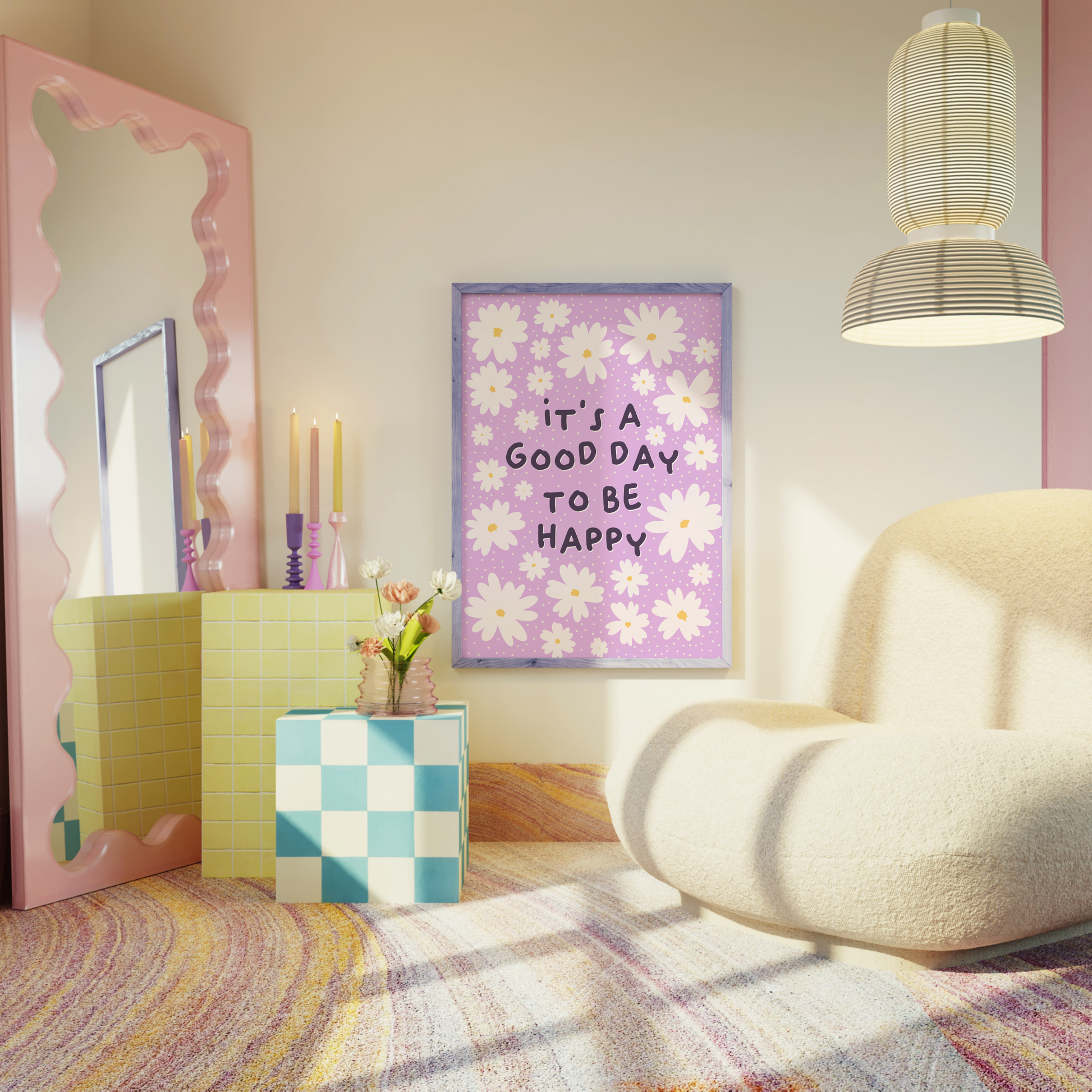 A purple print, with the message 'it's a good day to be happy' surrounded by white daisies.