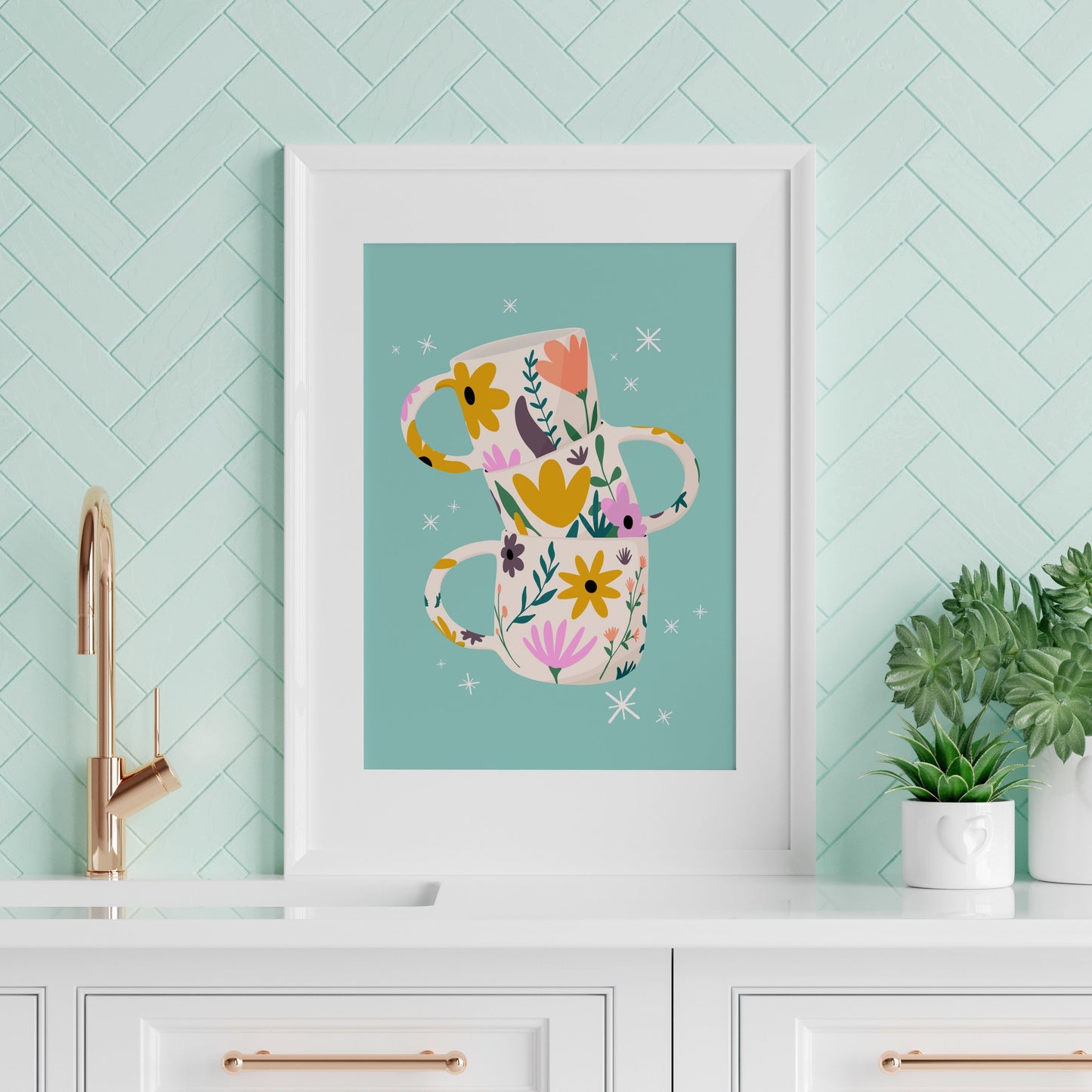 Stacked Floral Mugs Print in Teal