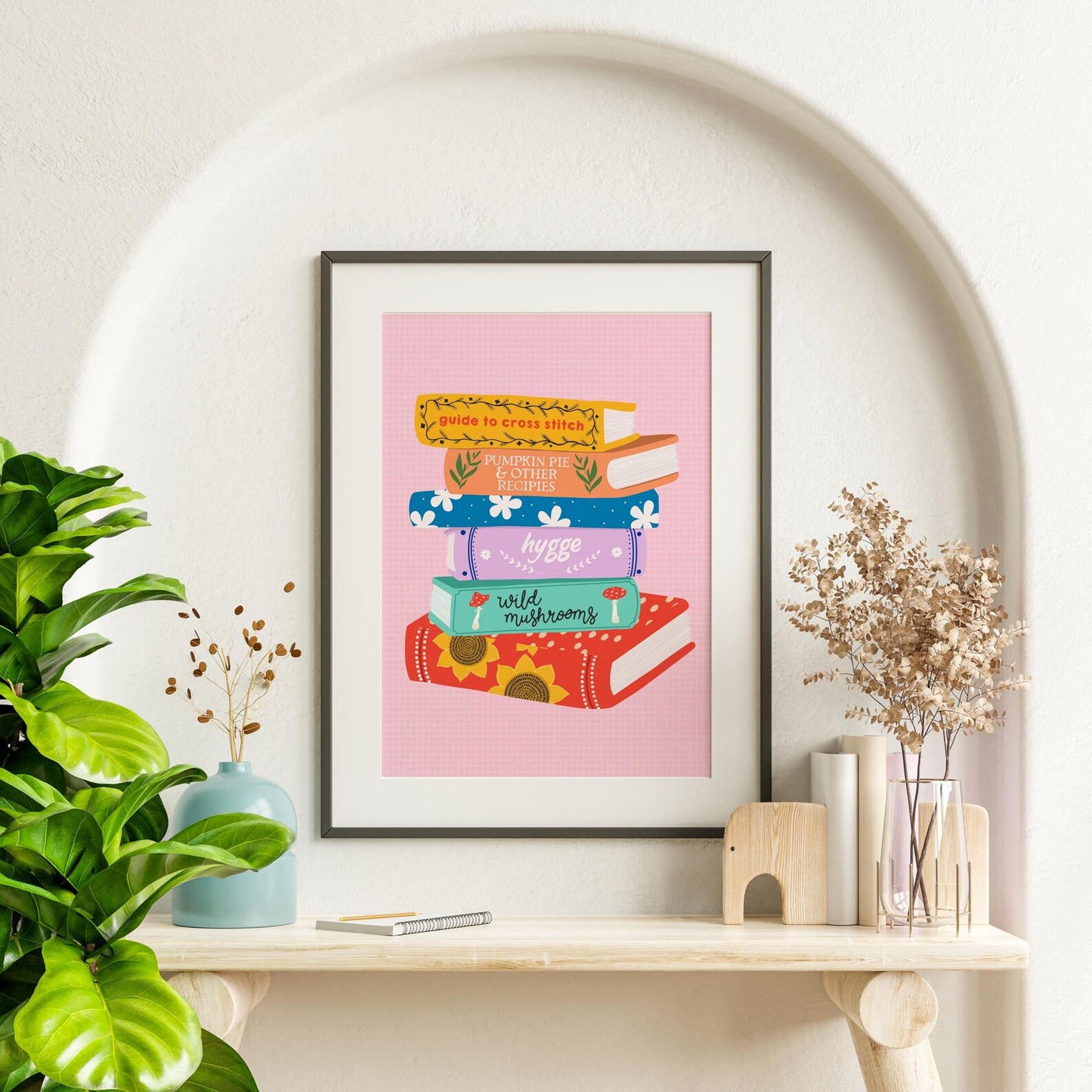 Stack of Books Print - Pink Colourful Wall Art