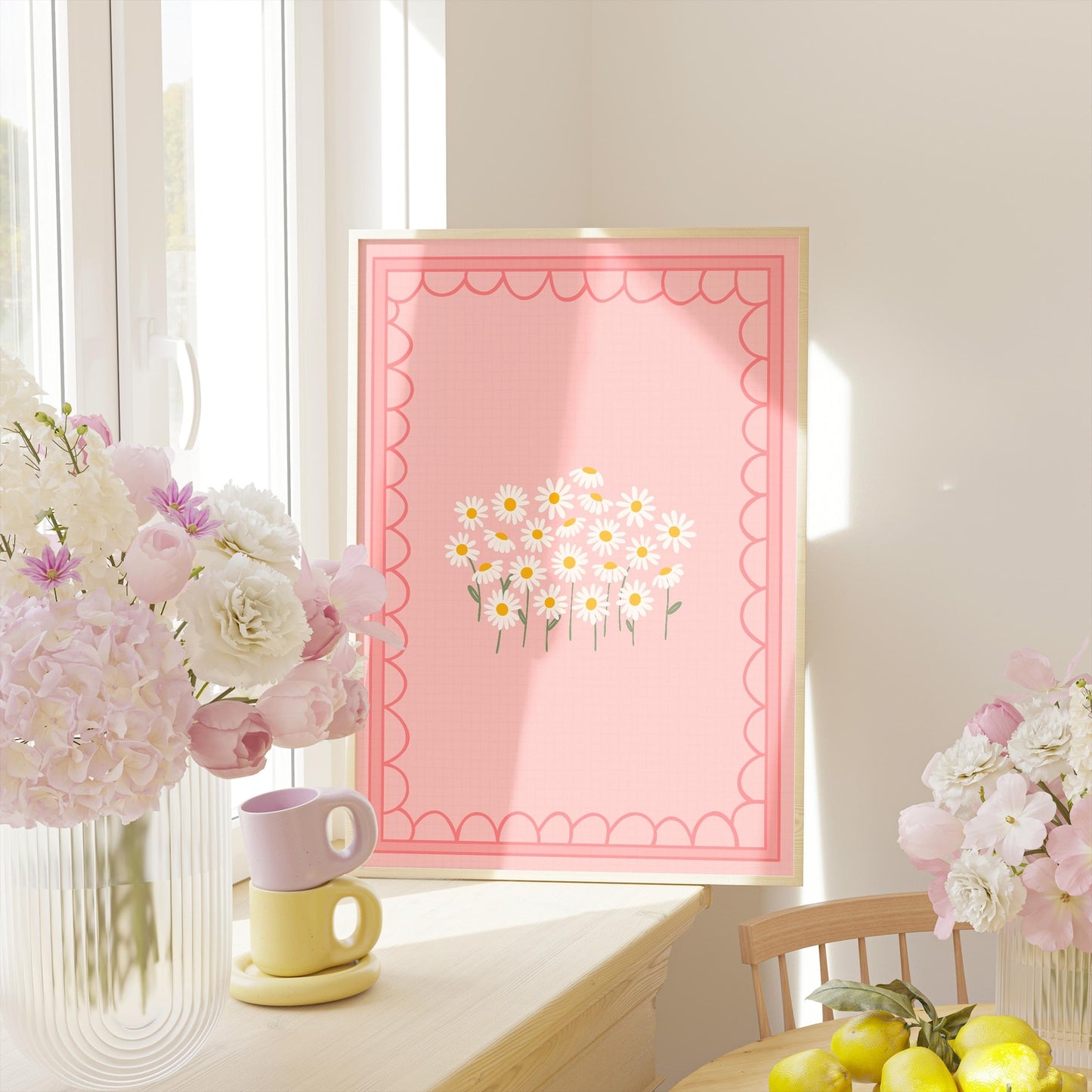 Daisy Print in Pink with Scalloped Border