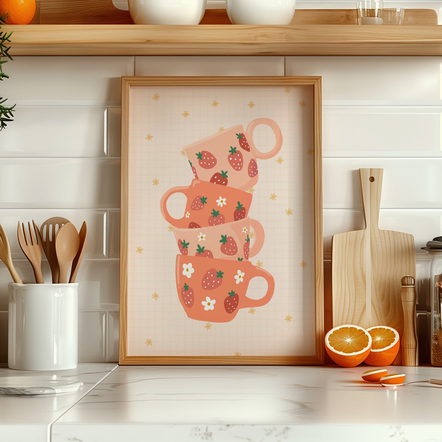 Kitchen counter with a framed artwork of stacked teacups, cutting boards, and kitchen utensils.