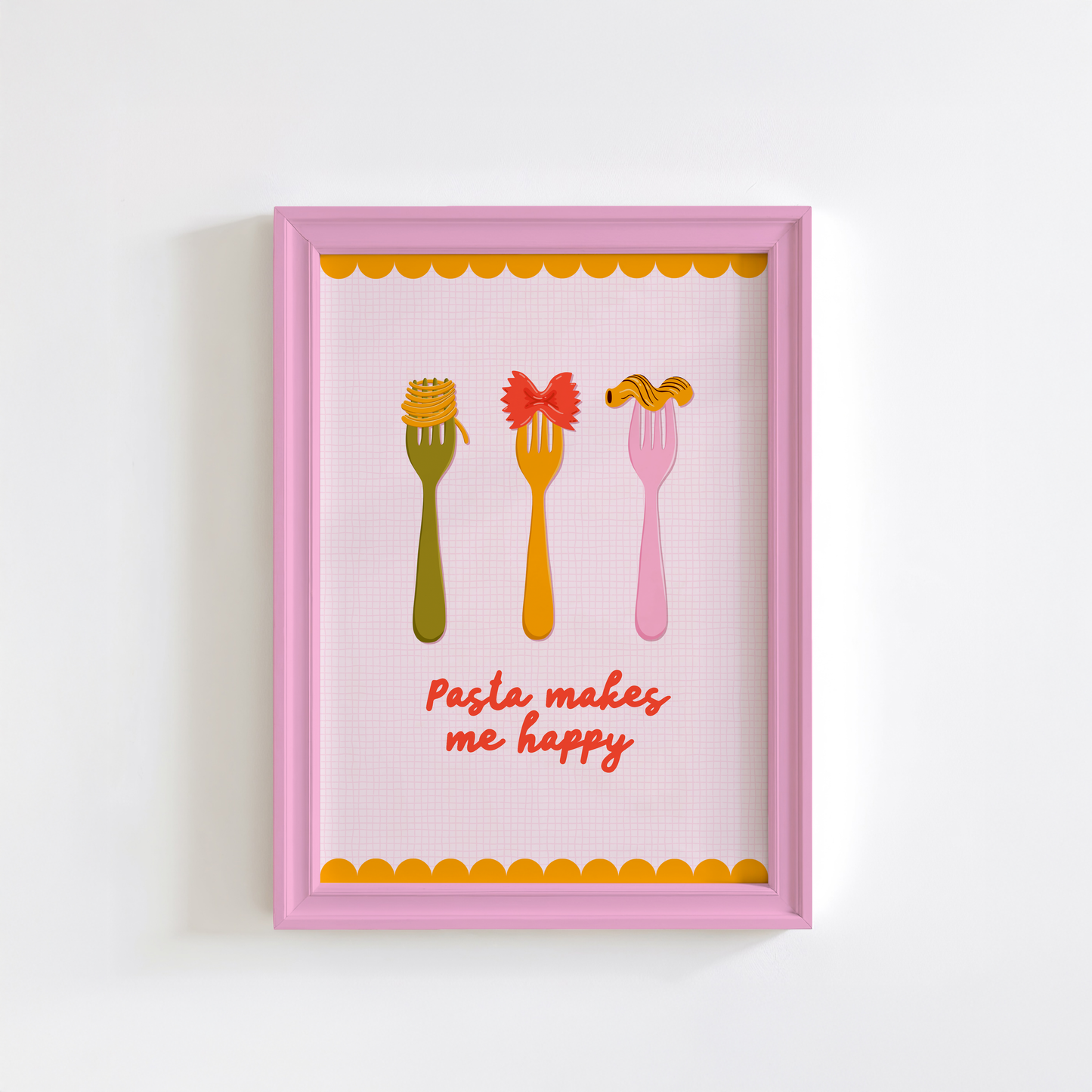 A pasta themed print, with a yellow scalloped border. There are three forks with different types of pasta on them in the centre, along with the words 'pasta makes me happy'.