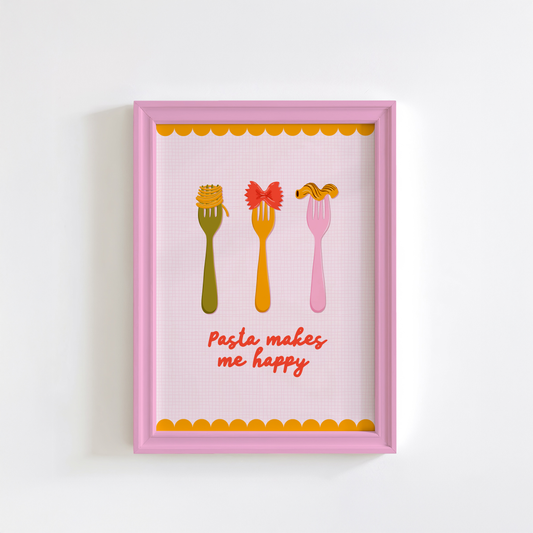 A pasta themed print, with a yellow scalloped border. There are three forks with different types of pasta on them in the centre, along with the words 'pasta makes me happy'.
