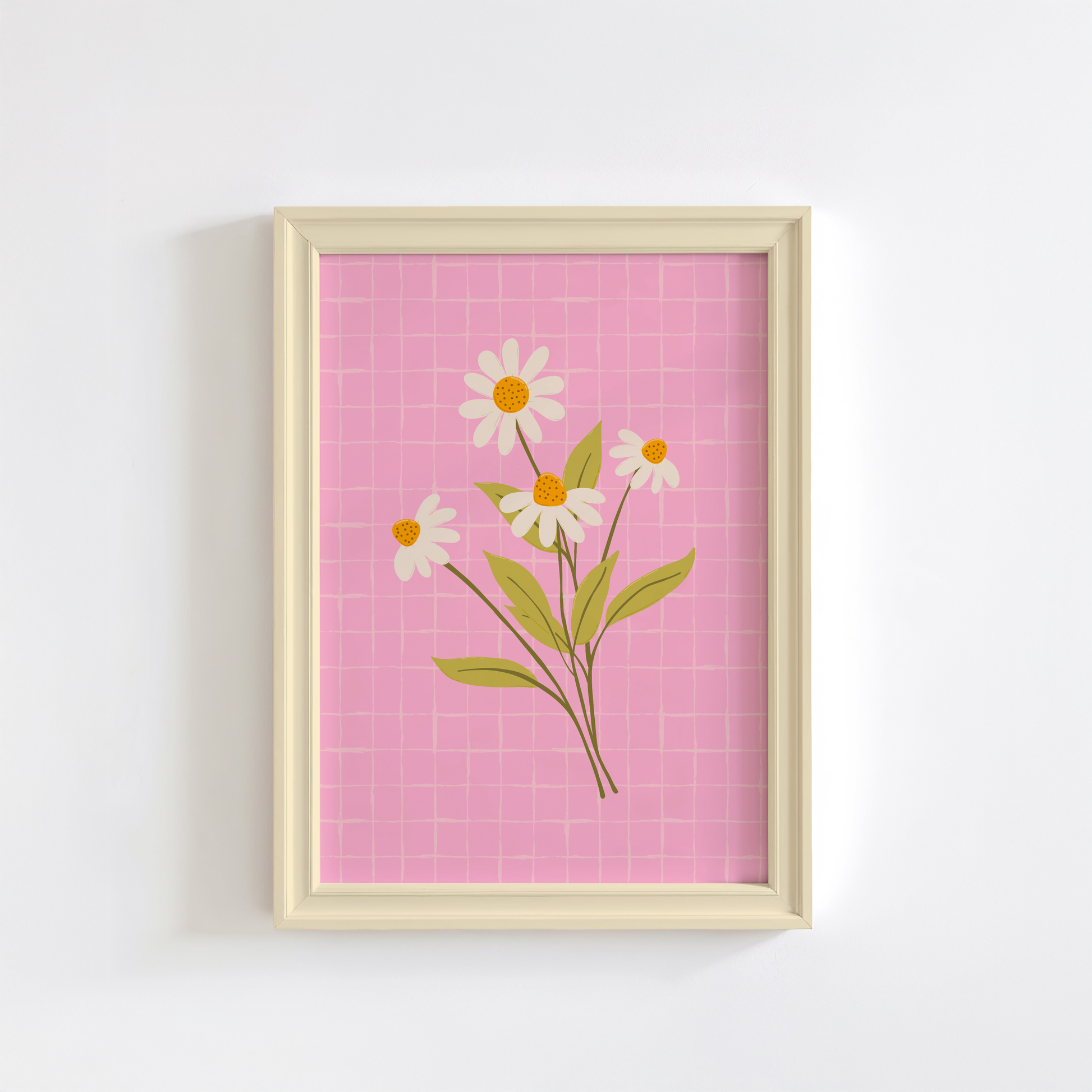 An illustration of a bunch of daisies, on a bright pink background, shown in a frame.